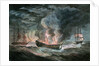 Fighting vessel blowing up at sea, with two others nearby by D. Tandy