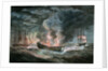 Fighting vessel blowing up at sea, with two others nearby by D. Tandy