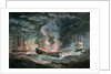 Fighting vessel blowing up at sea, with two others nearby by D. Tandy