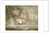 Naval vessel at sea, firing a gun, with waterspouts starboard and port by D. Tandy