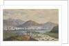 The China War 1857. Junk fleet against mountainous background. Boats pulling in river at right by Thomas Goldsworth Dutton