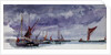 Sailing vessels at anchor under a stormy sky (unfinished) by William Lionel Wyllie