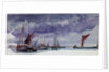 Sailing vessels at anchor under a stormy sky (unfinished) by William Lionel Wyllie