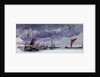 Sailing vessels at anchor under a stormy sky (unfinished) by William Lionel Wyllie
