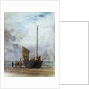 Beached fishing boat unloading into a cart, with figures by William Lionel Wyllie