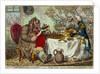 John Bull taking a Luncheon:  - or - British Cooks, cramming Old Grumble-Gizzard, with Bonne-Chere by James Gillray