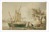 A river scene with fishing boats and fishermen sorting their nets on shore. by John Thomas Serres