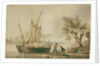 A river scene with fishing boats and fishermen sorting their nets on shore. by John Thomas Serres