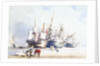 Beached trading vessels and fishermen with block and tackle in foreground, Swansea by Richard Calvert Jones