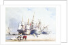 Beached trading vessels and fishermen with block and tackle in foreground, Swansea by Richard Calvert Jones