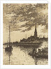 River scene showing a sailing vessel, men working at a fire, and a church by John Everett