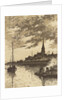 River scene showing a sailing vessel, men working at a fire, and a church by John Everett