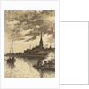 River scene showing a sailing vessel, men working at a fire, and a church by John Everett