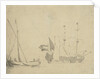 A boeier at a pier and a Dutch ship at anchor by Willem Van de Velde the Younger