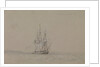 HMS 'Hazard', 20 September 1841, flying a yellow quarantine flag, with notes by Oswald Walter Brierly