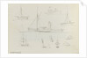 Sketch of two sailing vessels on a blue sea. With colour notes by John Brett