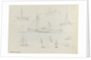 Sketch of two sailing vessels on a blue sea. With colour notes by John Brett