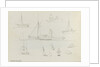Sketch of two sailing vessels on a blue sea. With colour notes by John Brett