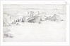 Sketch of a flat coastal view in Cornwall with rocks in the sea by John Brett