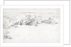 Sketch of a flat coastal view in Cornwall with rocks in the sea by John Brett