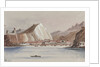 View of coastal town with mountains behind by Harry Edmund Edgell