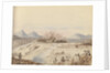 Battle of the White Cloud Mountains showing troops lined up either side of a river by Harry Edmund Edgell