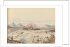 Battle of the White Cloud Mountains showing troops lined up either side of a river by Harry Edmund Edgell