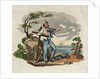Sailor leaning on anchor with foot on gun barrel, holding paper in left hand by unknown