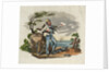 Sailor leaning on anchor with foot on gun barrel, holding paper in left hand by unknown