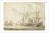 Group of brigs at anchor in a harbour by Gerrit Groenewegen