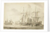 Group of brigs at anchor in a harbour by Gerrit Groenewegen