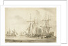 Group of brigs at anchor in a harbour by Gerrit Groenewegen