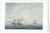 No.1. Thetis on shore near Currituck Inlet, North Carolina Dec 23rd 1794... Cleopatra at anchor near her. Thisbe and Lynx answering private signals by George Tobin