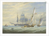 Two cutters under sail and a ship at anchor by John Cantiloe Joy