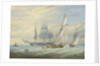 Two cutters under sail and a ship at anchor by John Cantiloe Joy