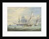 Two cutters under sail and a ship at anchor by John Cantiloe Joy
