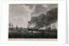 View of HMS 'Boyne' 98 guns, on fire by accident at Spithead, May 1795 by T.M. Waller