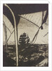 Distant sailing vessel seen through rigging by John Everett