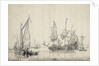 A kaag with a Dutch frigate drying sails by Willem van de Velde the Elder