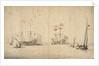 A kaag running free and two Dutch flagships at anchor by Willem Van de Velde the Younger