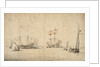 A kaag running free and two Dutch flagships at anchor by Willem Van de Velde the Younger