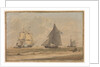 Royal Navy sailing vessel by the shore by unknown