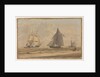 Royal Navy sailing vessel by the shore by unknown