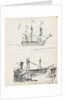 Sketch of an 18th century three-decker and view of a West Indiaman fitting out in Cox & Curtin Yard, Limehouse by John Everett