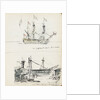 Sketch of an 18th century three-decker and view of a West Indiaman fitting out in Cox & Curtin Yard, Limehouse by John Everett