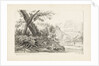 Country scene with trees on a bank by a river by J.C. B.