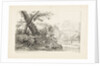 Country scene with trees on a bank by a river by J.C. B.