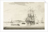 A calm with an East Indiaman anchored in an estuary by Francis Swaine