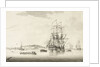 A calm with an East Indiaman anchored in an estuary by Francis Swaine