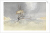 HMS 'Trafalgar' sailing into Malta Harbour with loss of  her rudder head after a gale, 9 February 1852 by George Pechell Mends